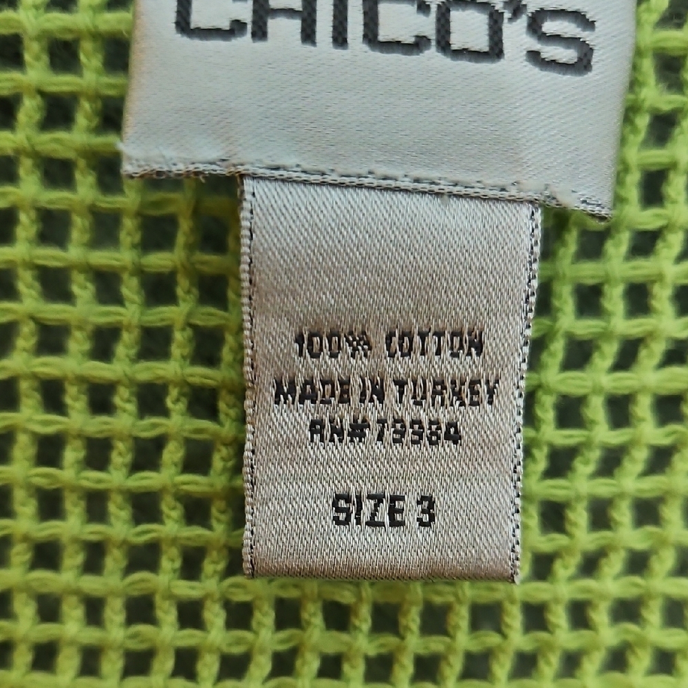 Chico's Sz 3 XL Bright Green V-Neck Sweater Open Weave Cotton Turkey - Picture 2 of 8